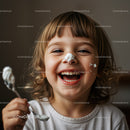 Joyful child with cream on face holding spoon