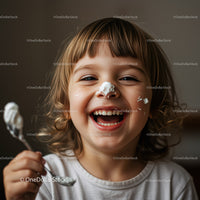 Joyful child with cream on face holding spoon