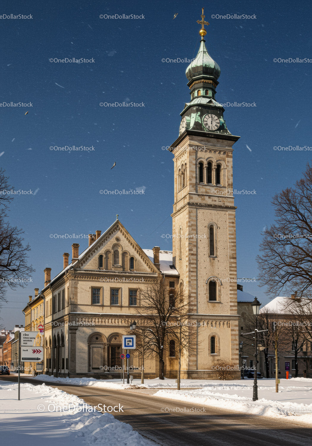 Historic Church Tower on a Bright Winter Day