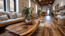 Stylish Modern Lounge with Wooden Floors and Green Indoor Plants
