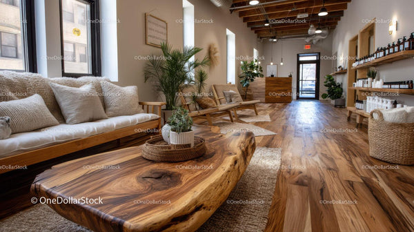 Stylish Modern Lounge with Wooden Floors and Green Indoor Plants