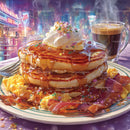 Stack of Fluffy Pancakes with Syrup Bacon and Coffee