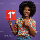 Young Woman Holding Number One Card Expressing Excitement and Joy
