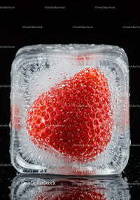 Fresh strawberry frozen inside clear ice cube detail