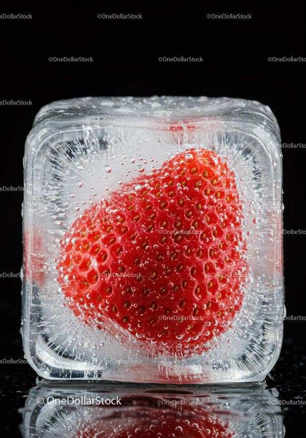 Fresh strawberry frozen inside clear ice cube detail