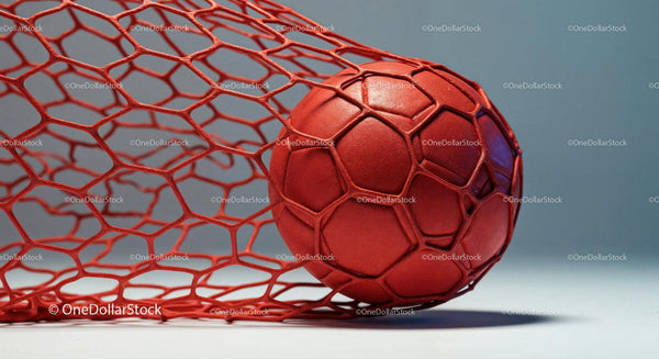 Red Soccer Ball Inside Net on a Sports Court
