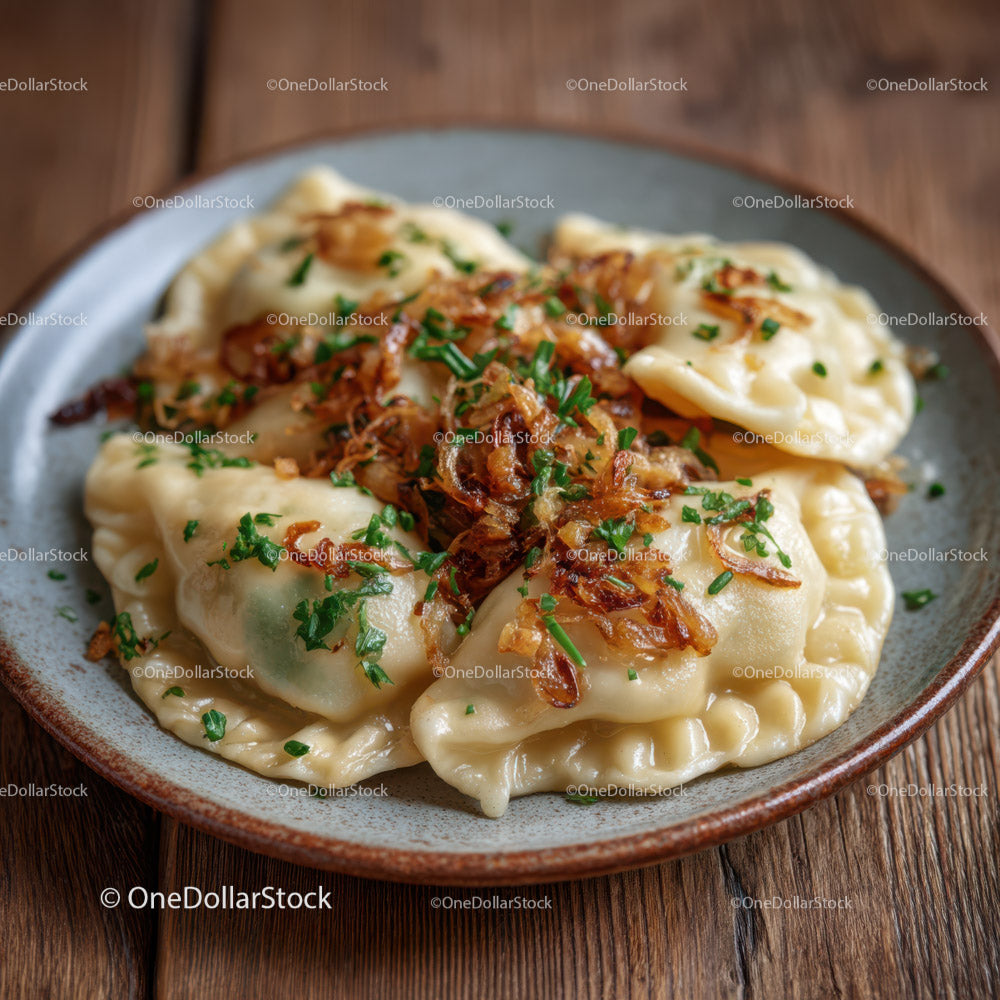 Steamed Dumplings with Crispy Fried Onion and Chopped Herbs