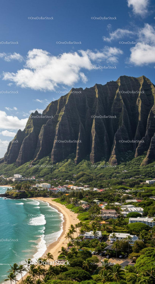 Tropical Coastal Mountain with Beach and Lush Greenery