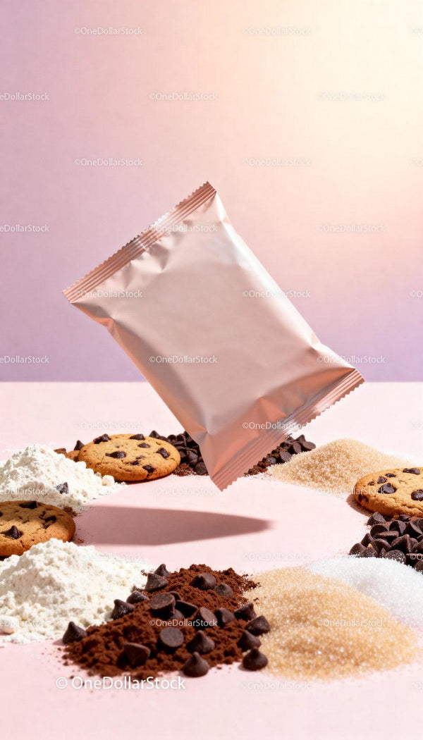 Minimalist cookie ingredients and packaging scene