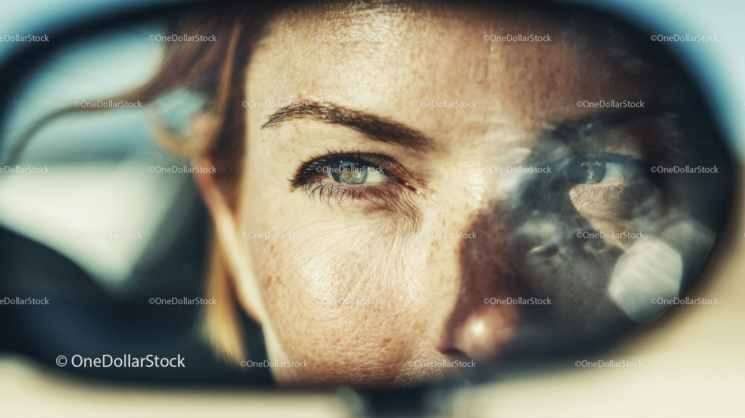 Close-up of Woman Wearing Sunglasses with Reflection and Blue Eyes