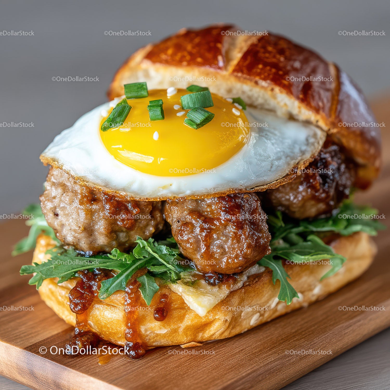 Wykwintny burger śniadaniowy z jajkiem sadzonym i świeżą zieleniną