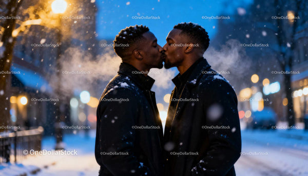 Same-Sex Couple Sharing Intimate Winter Kiss Outdoors