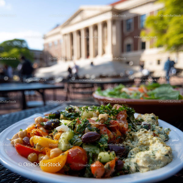Fresh Vegetable Salad with Hummus in Outdoor Garden Setting