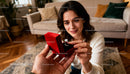 Young woman receives elegant diamond ring gift indoors