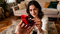 Young woman receives elegant diamond ring gift indoors