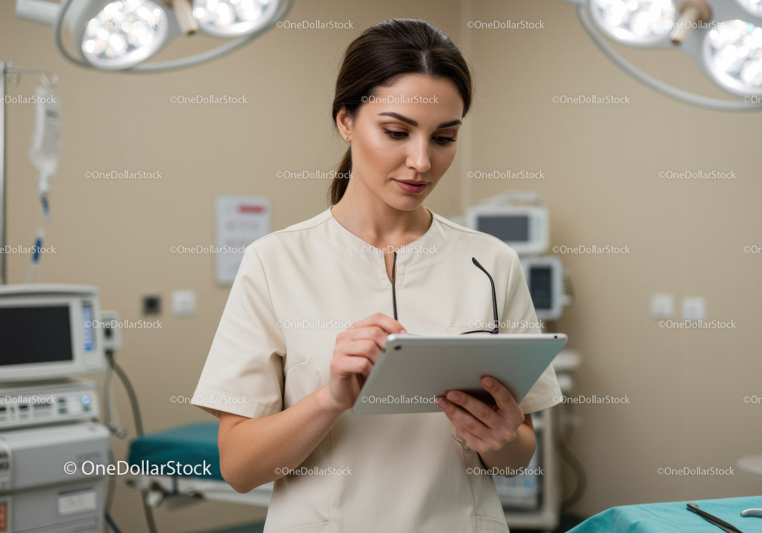 Pracownik służby zdrowia korzystający z tabletu cyfrowego na sali operacyjnej w szpitalu