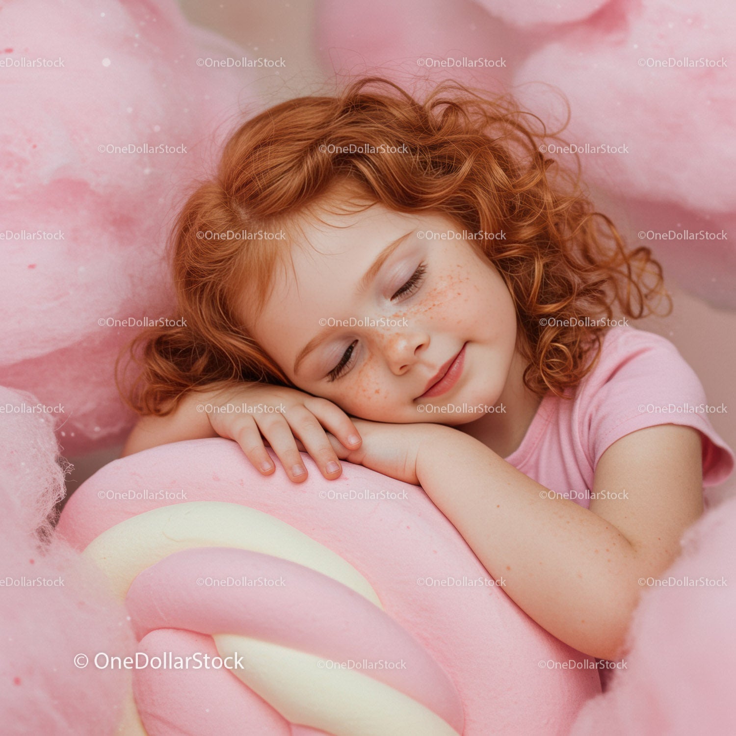 Content redhead girl resting on soft pink candy fluff