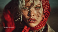 Glamorous Blonde Woman with Blue Eyes Wearing Red Scarf in Studio