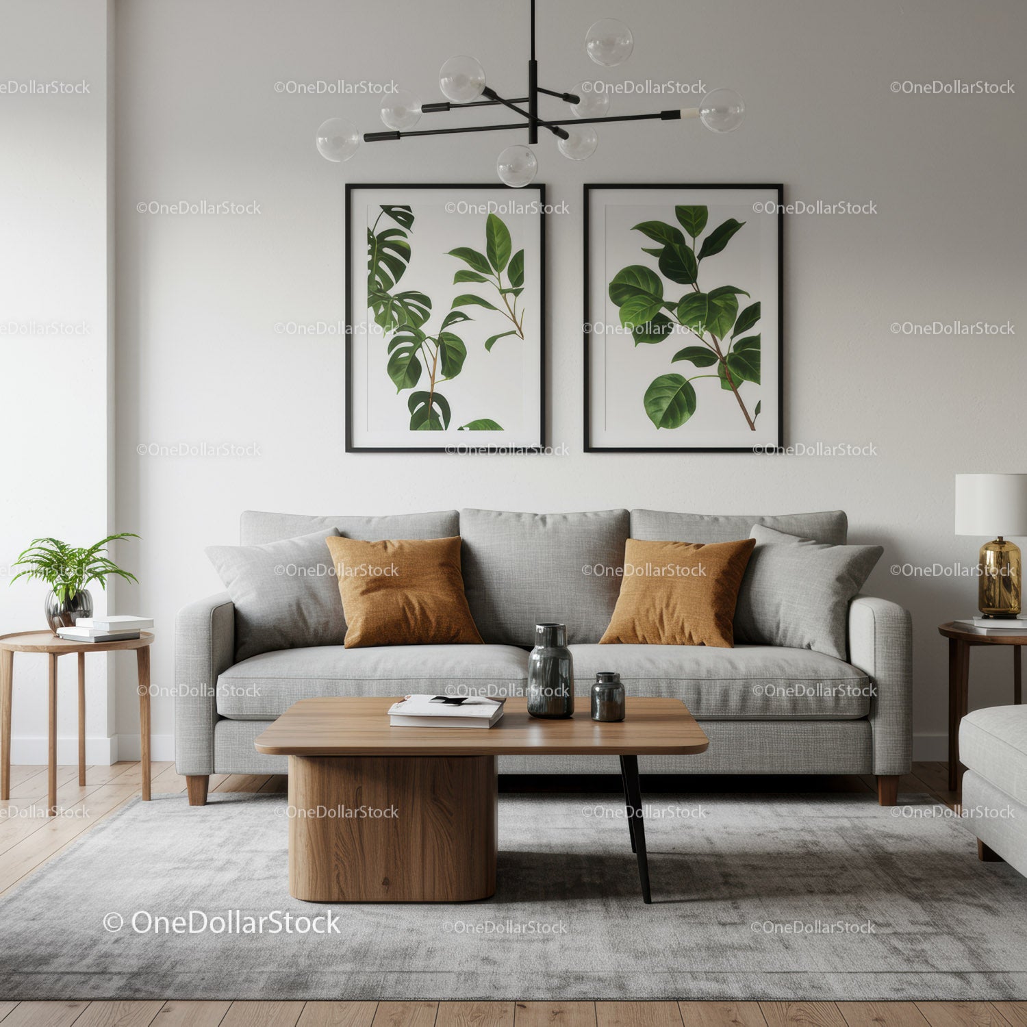 Modern Living Room with Botanical Wall Art and Cozy Decor