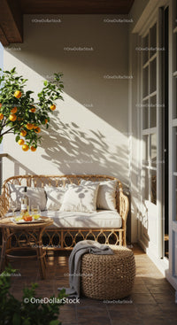Cozy Porch with Rattan Sofa and Citrus Tree
