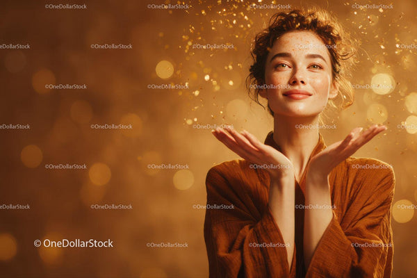 Elegant Woman Smiling with Golden Bokeh Backdrop in Warm Light