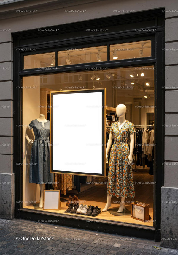 Elegant Dresses Displayed in Urban Boutique Window JPG Mockup Image