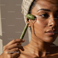 Elegant Woman Using Jade Roller for Facial Skin Rejuvenation