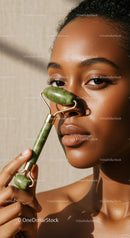 Close Up of Woman Using Jade Roller for Facial Massage with Smooth Skin