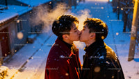 Young Couple Sharing a Winter Kiss Outdoors