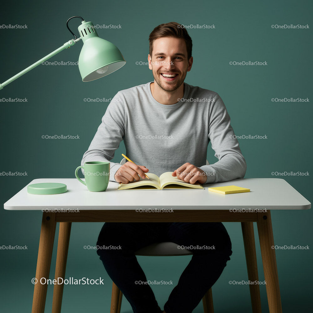 Smiling Young Man at a Modern Desk with Green Accents