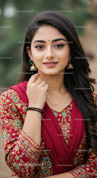 Elegant Woman in Traditional Red Embroidered Outfit with Jewelry