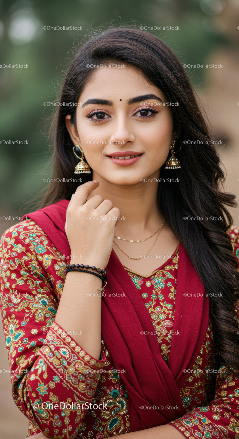 Elegant Woman in Traditional Red Embroidered Outfit with Jewelry