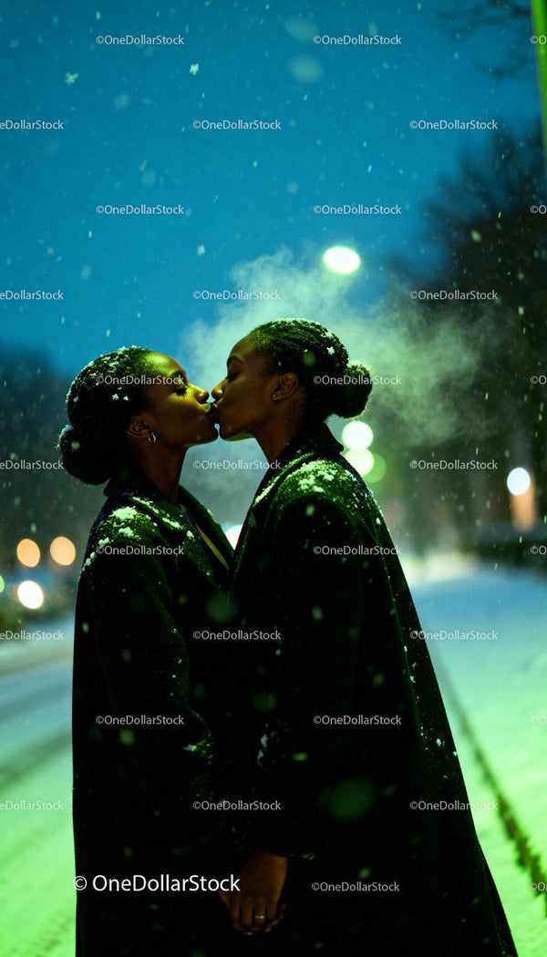Tender kiss between two women on snowy evening street