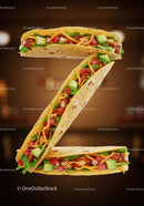 Tasty chicken tacos forming the letter Z on dark background