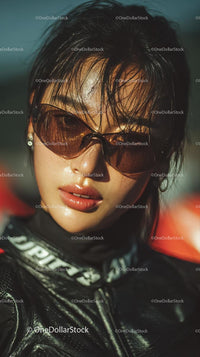 Confident Female Rider in Sunglasses with Motorcycle Gear