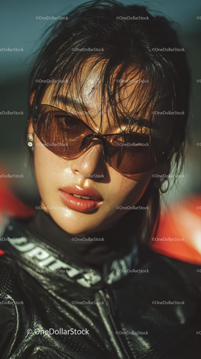 Confident Female Rider in Sunglasses with Motorcycle Gear