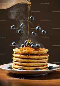 Stack of warm pancakes topped with blueberries and honey