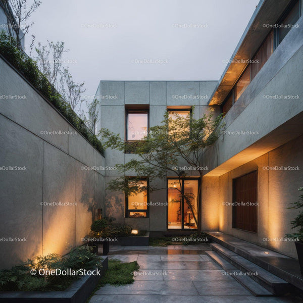 Modern Concrete House with Elegant Nighttime Courtyard and Lighting