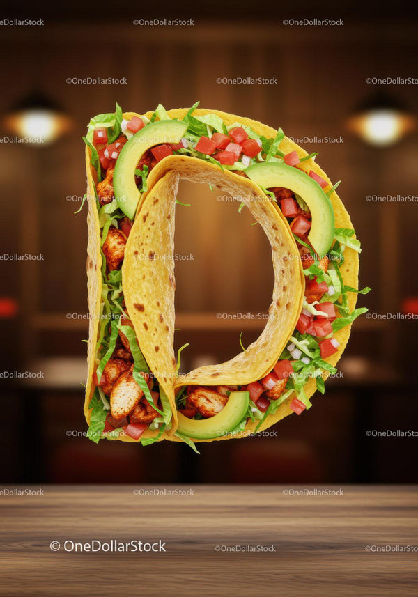 Taco shell shaped as letter D with fresh fillings