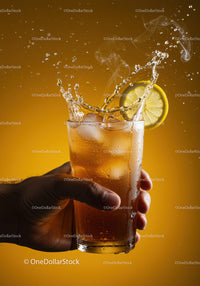Refreshing iced tea with lemon splash on warm background
