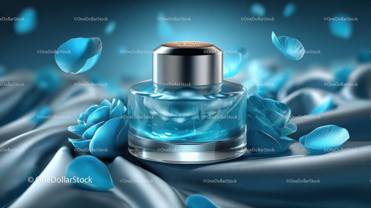 Elegant Blue Cosmetic Jar Among Delicate Petals