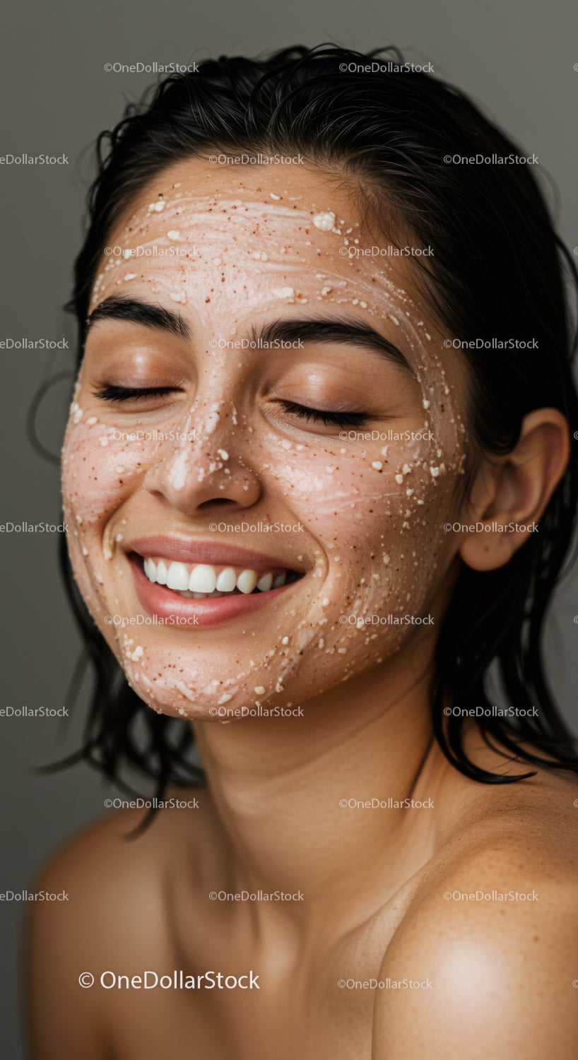 Young Woman Smiling with Facial Mask and Clear Skin