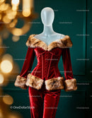 Elegant Red Velvet Corset with Fur Trim on Mannequin