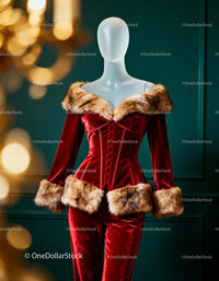 Elegant Red Velvet Corset with Fur Trim on Mannequin