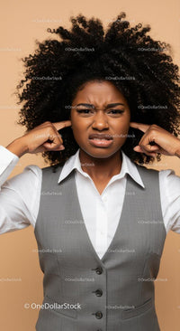 Frustrated woman covering ears with curly hair and business attire