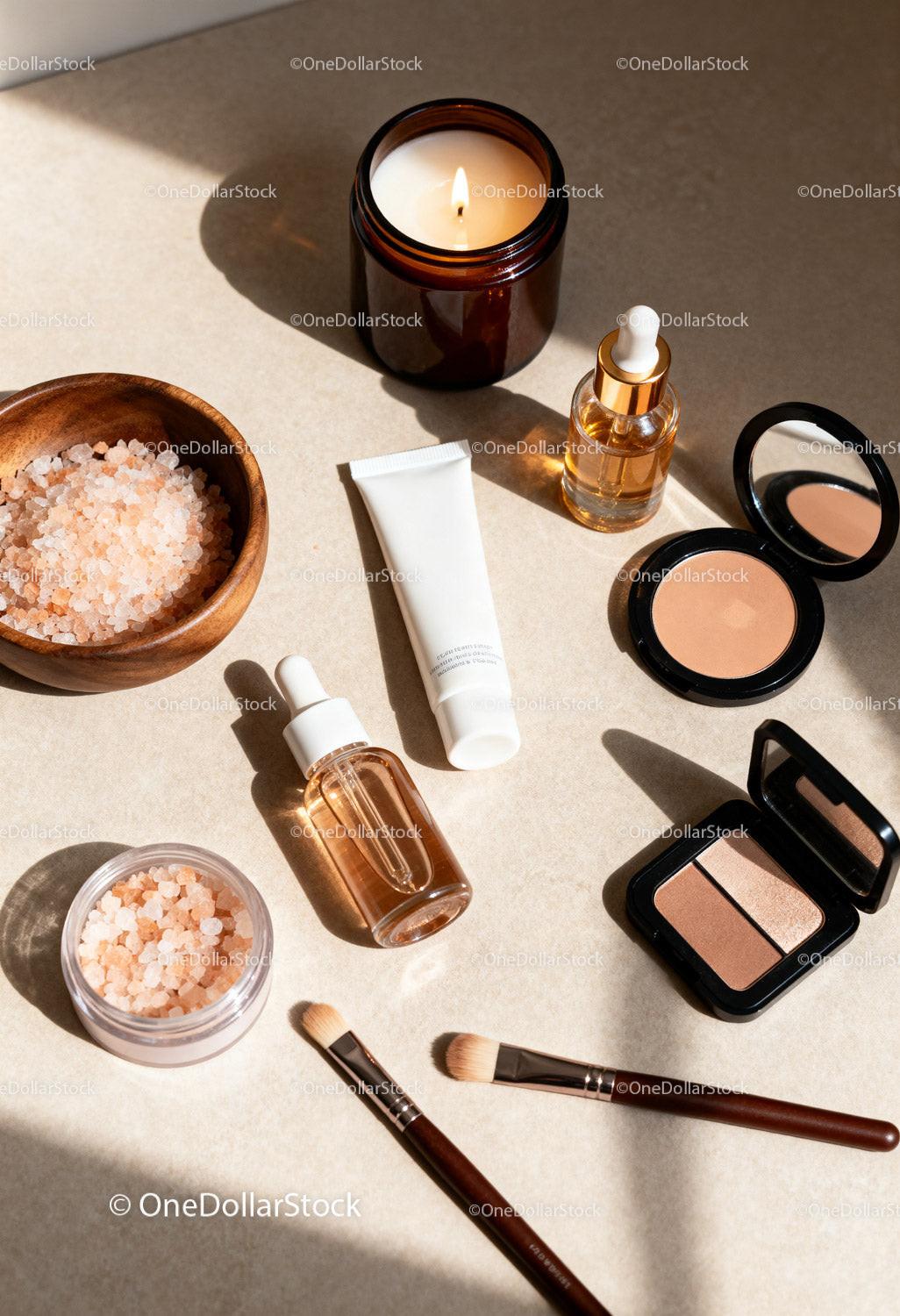 Natural skincare essentials and makeup in warm light