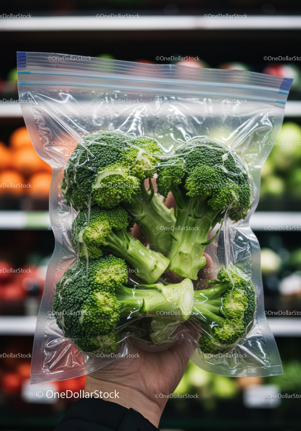 Fresh broccoli florets packed in reusable plastic bag