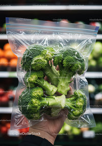 Fresh broccoli florets packed in reusable plastic bag