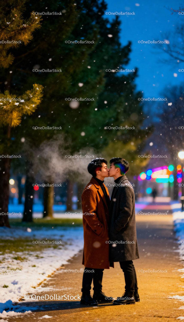 Young gay couple kissing outdoors on snowy winter evening