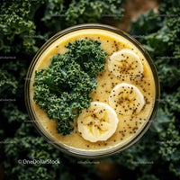 Vibrant Green and Yellow Smoothie with Banana Slices and Kale